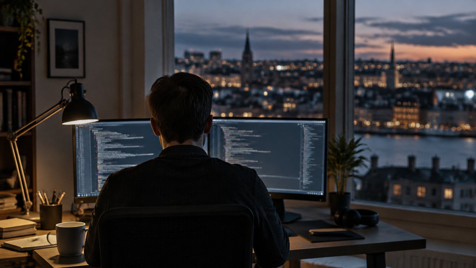 Developer seen from behind coding late at night by a window overlooking Stockholm