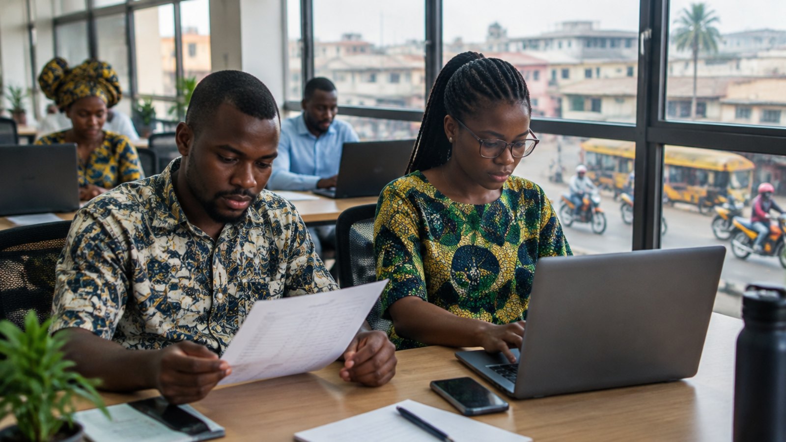 Beninese professionals working in an open-plan office in Cotonou