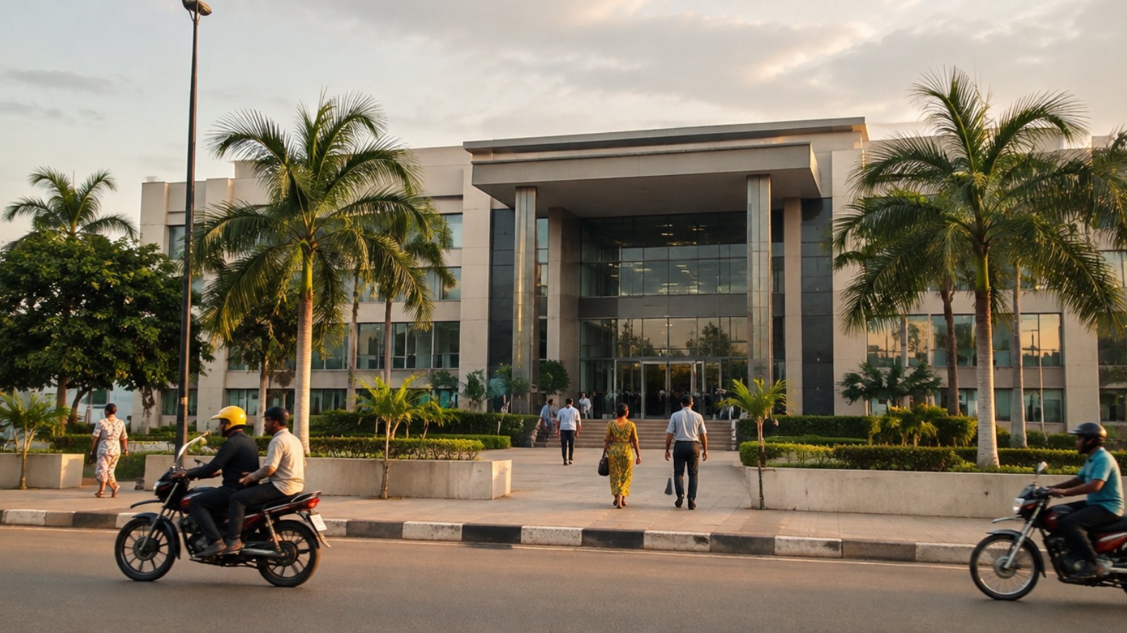 Modern government administrative building in Cotonou with citizens walking toward the entrance