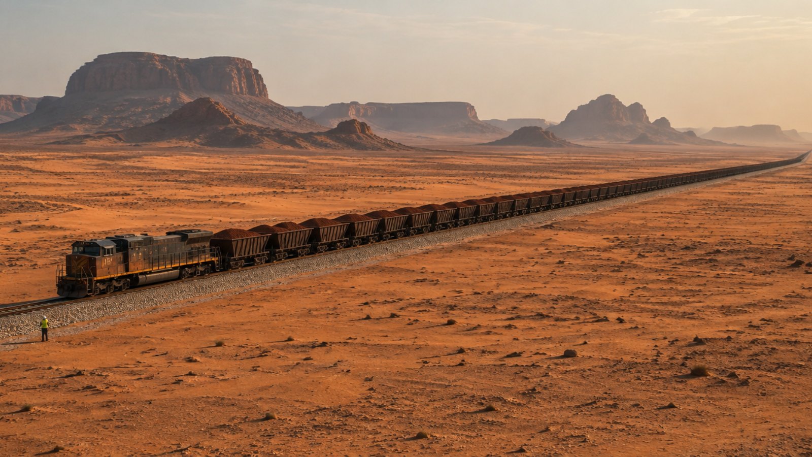 Long iron ore train crossing the desert in northern Mauritania