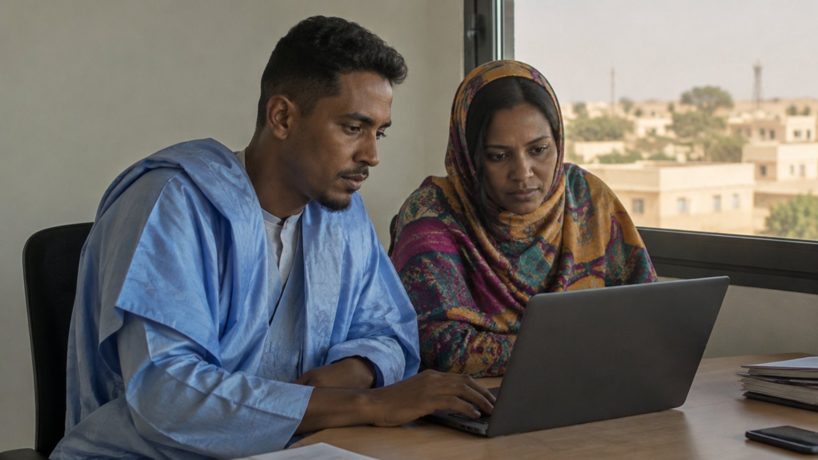 Mauritanian professionals working together on a laptop in an office in Nouakchott