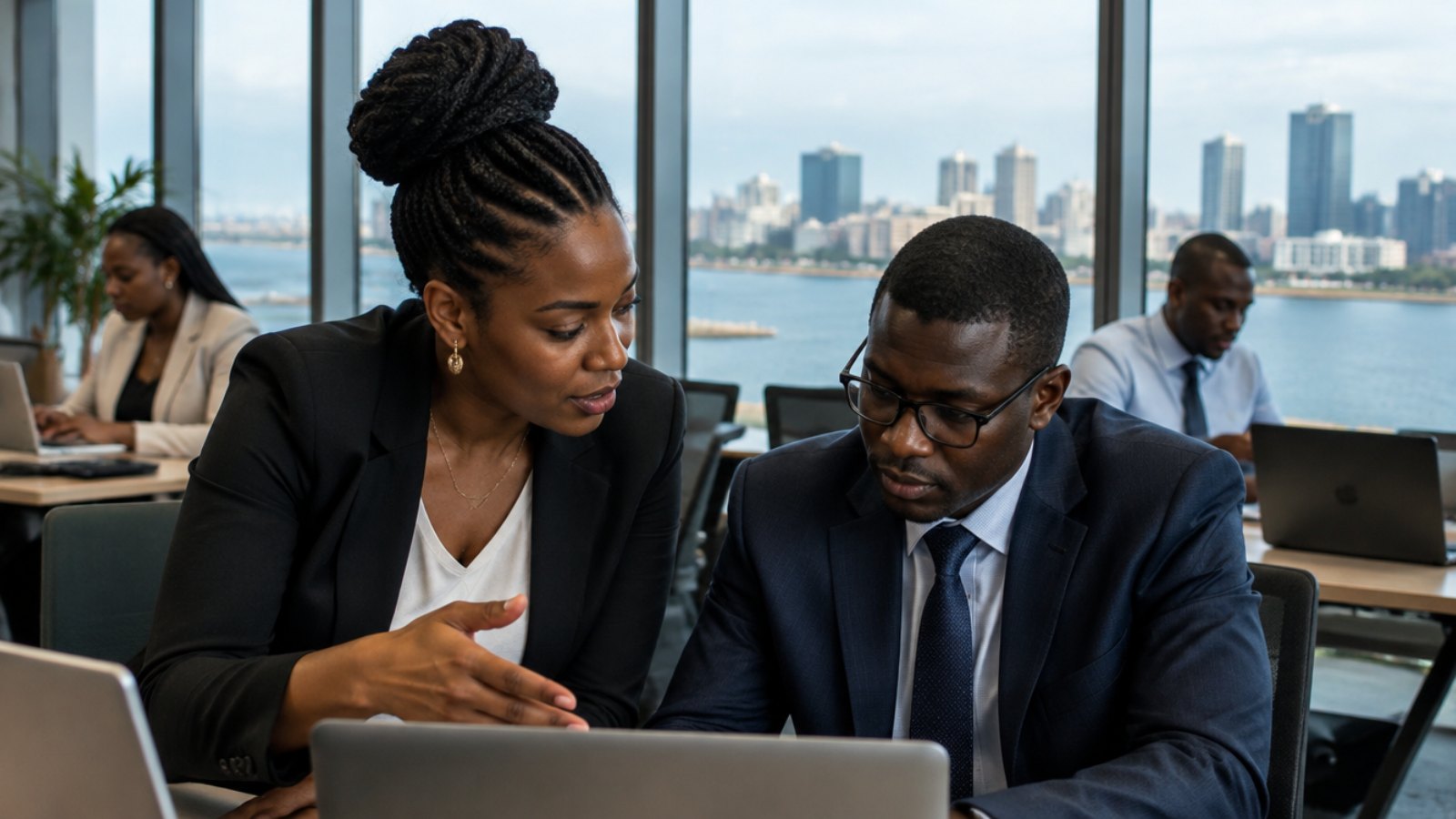 Ivorian professionals working in an office tower in the Plateau district of Abidjan