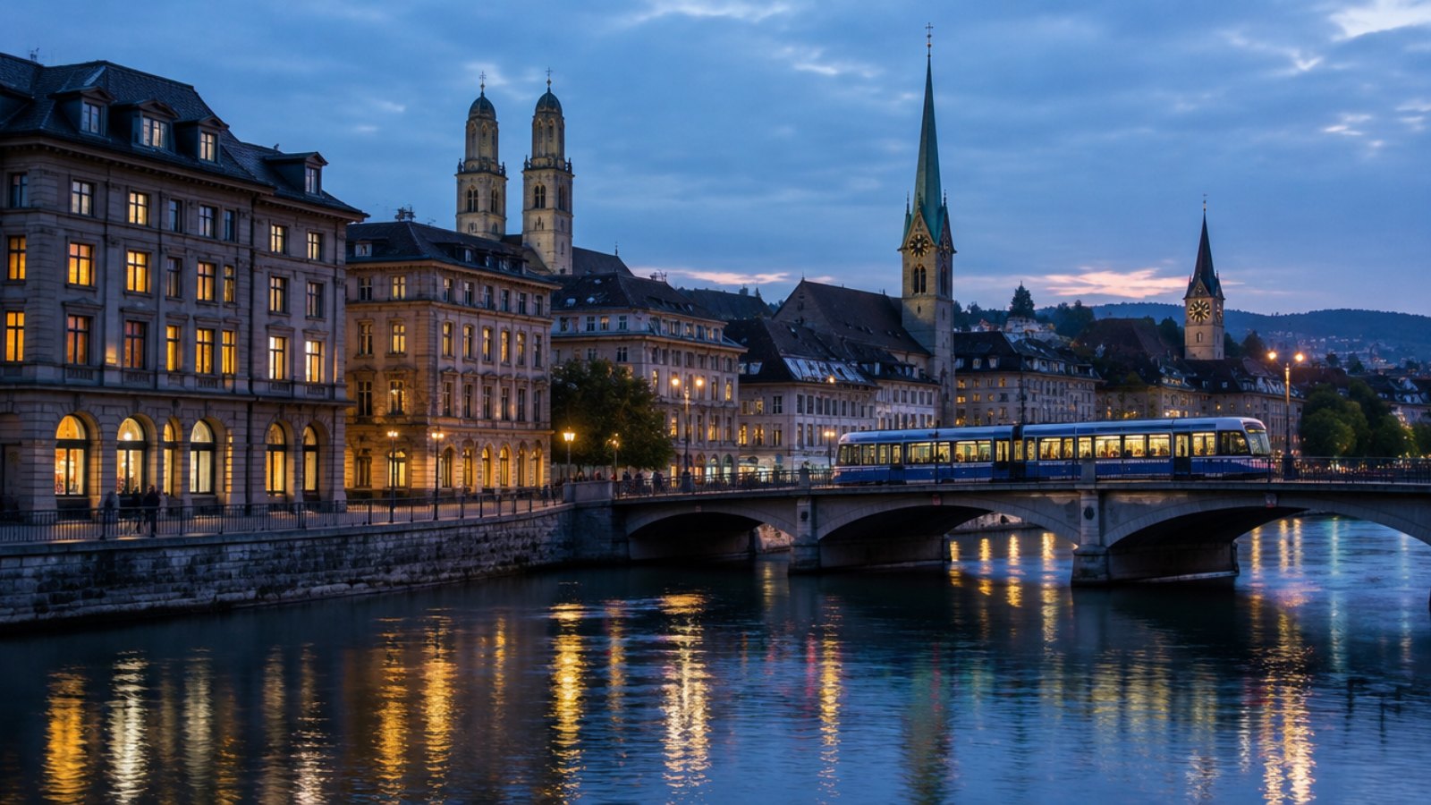 Zurich banking district along the Limmat river at blue hour