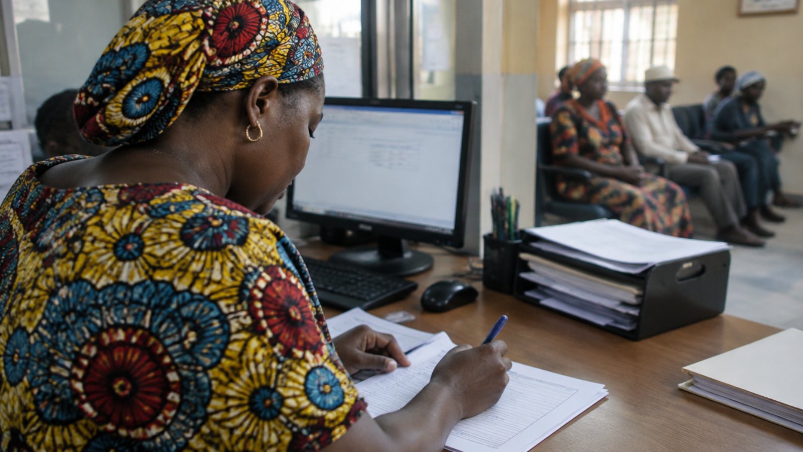Microfinance loan officer filling in a loan form at a branch counter in Bamako