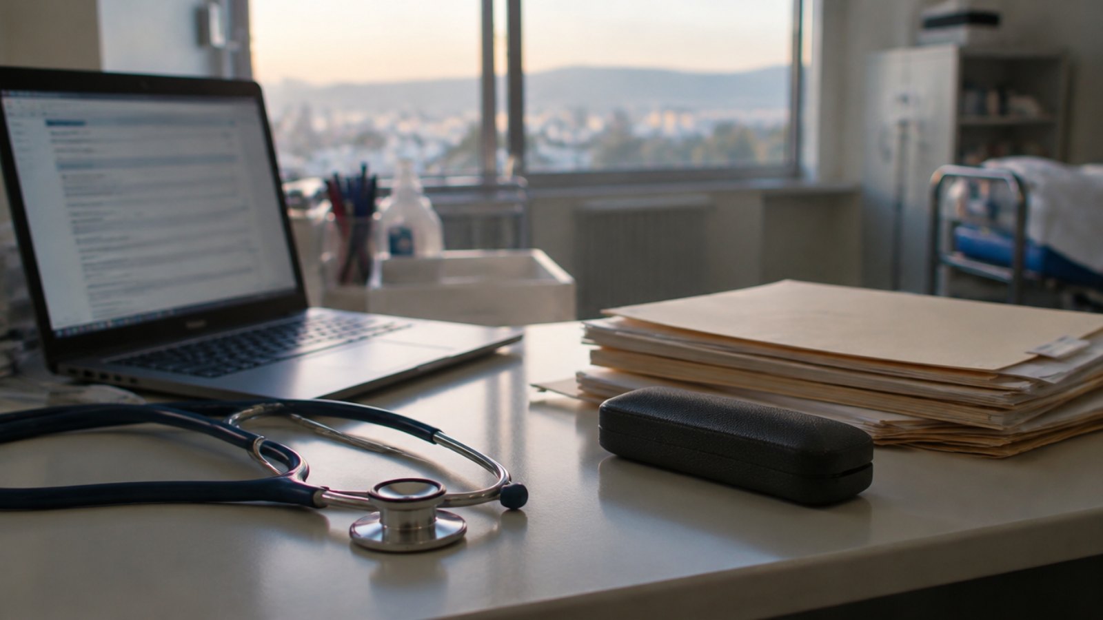 Hospital nursing station desk with a laptop, patient folders and a stethoscope