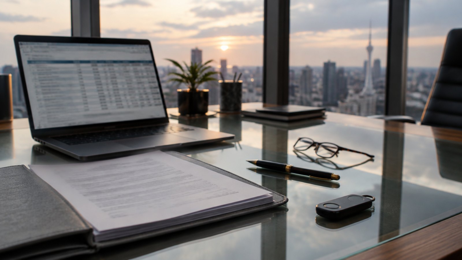 Laptop, loan file, pen and security token on a bank office desk overlooking Johannesburg