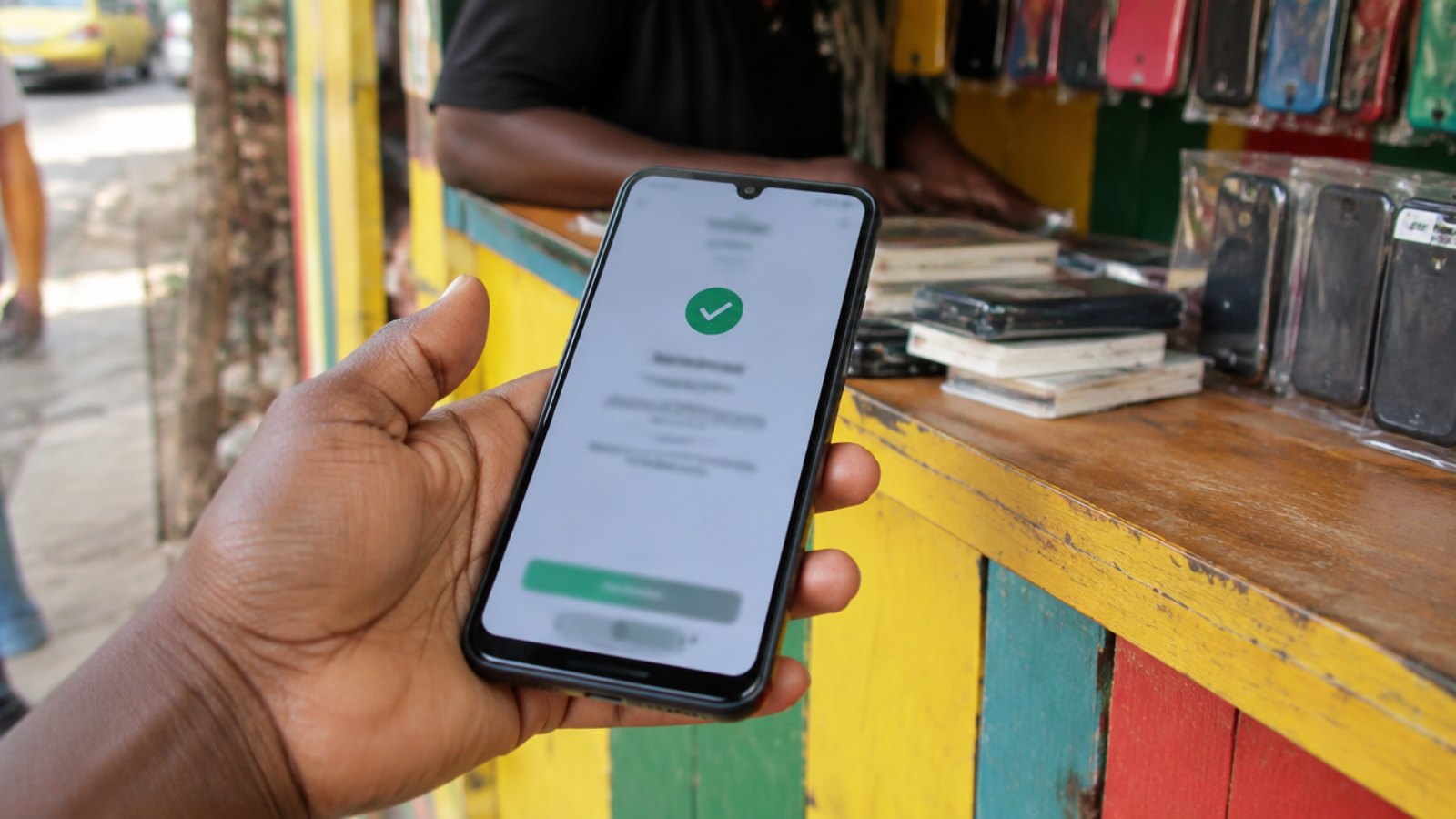 Hand holding a smartphone showing a payment confirmation at a street kiosk in Abidjan