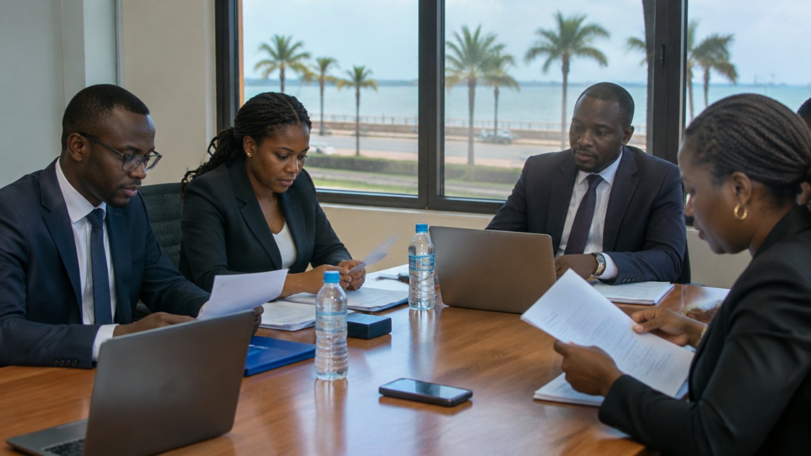 Business team reviewing documents in an office in Libreville, Gabon