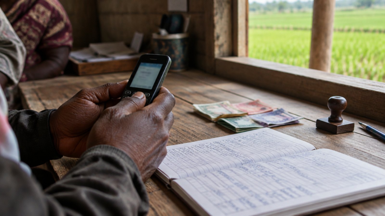 Farmer hands holding a basic phone next to a microfinance loan ledger in Madagascar