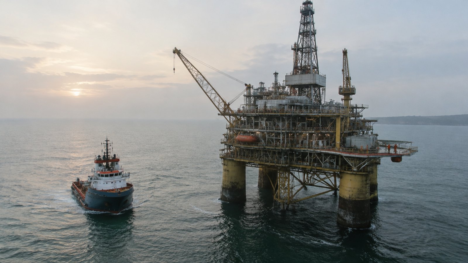 Offshore oil platform and supply vessel off the coast of Gabon at dawn