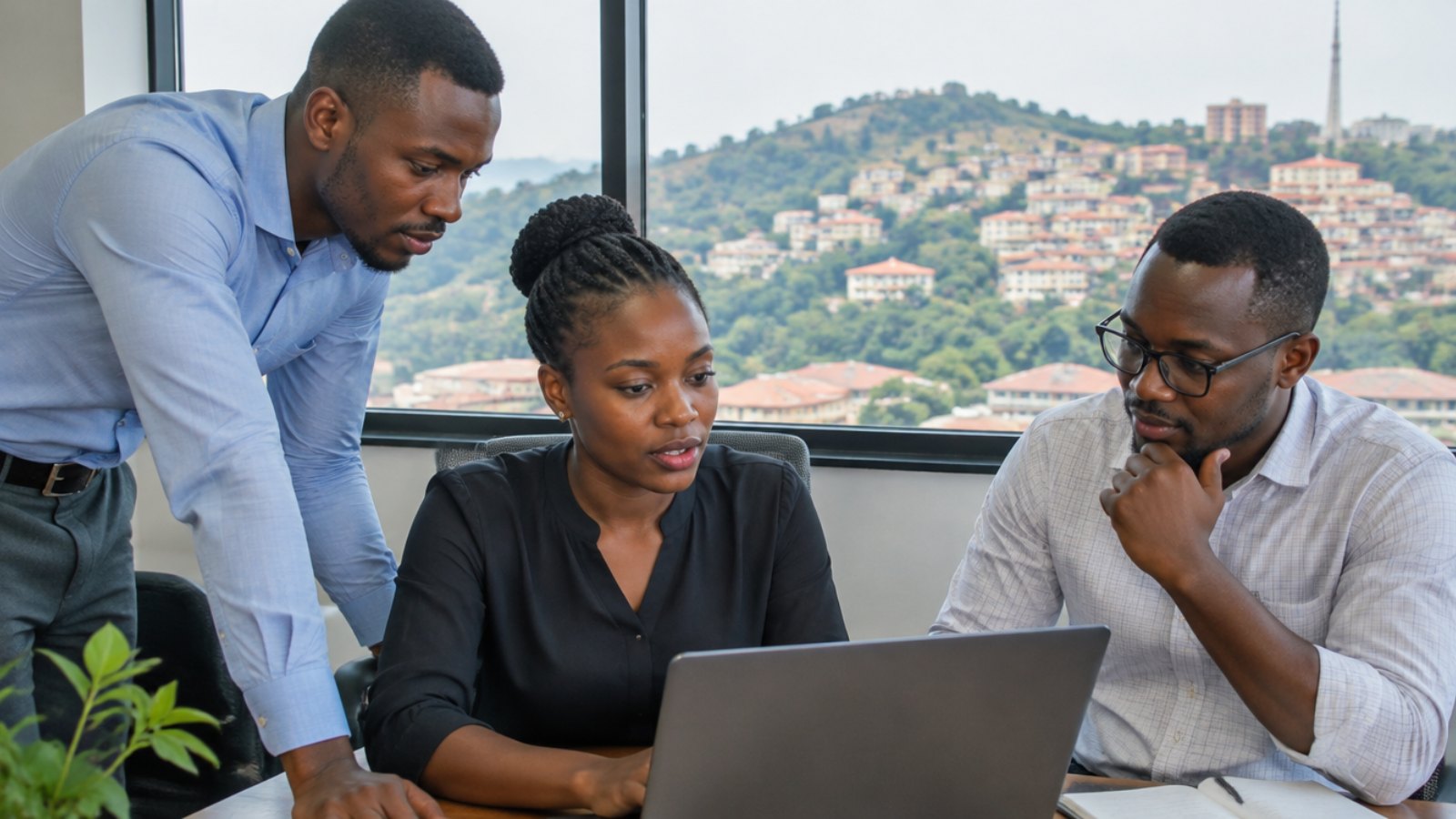 Ugandan office workers discussing a project around a laptop in a Kampala office