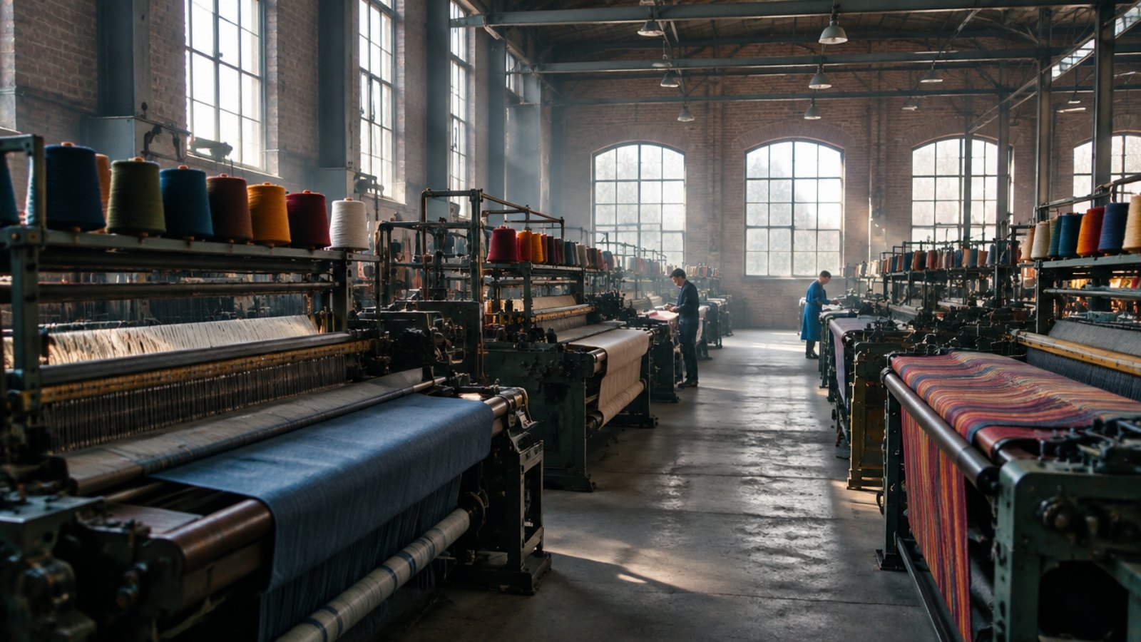 Weaving looms and yarn cones in a textile mill in the Prato district