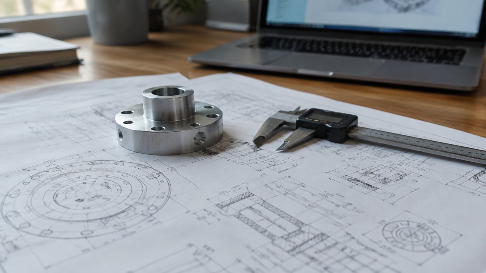 Engineering drawing of a machined part with a digital caliper on a workshop desk