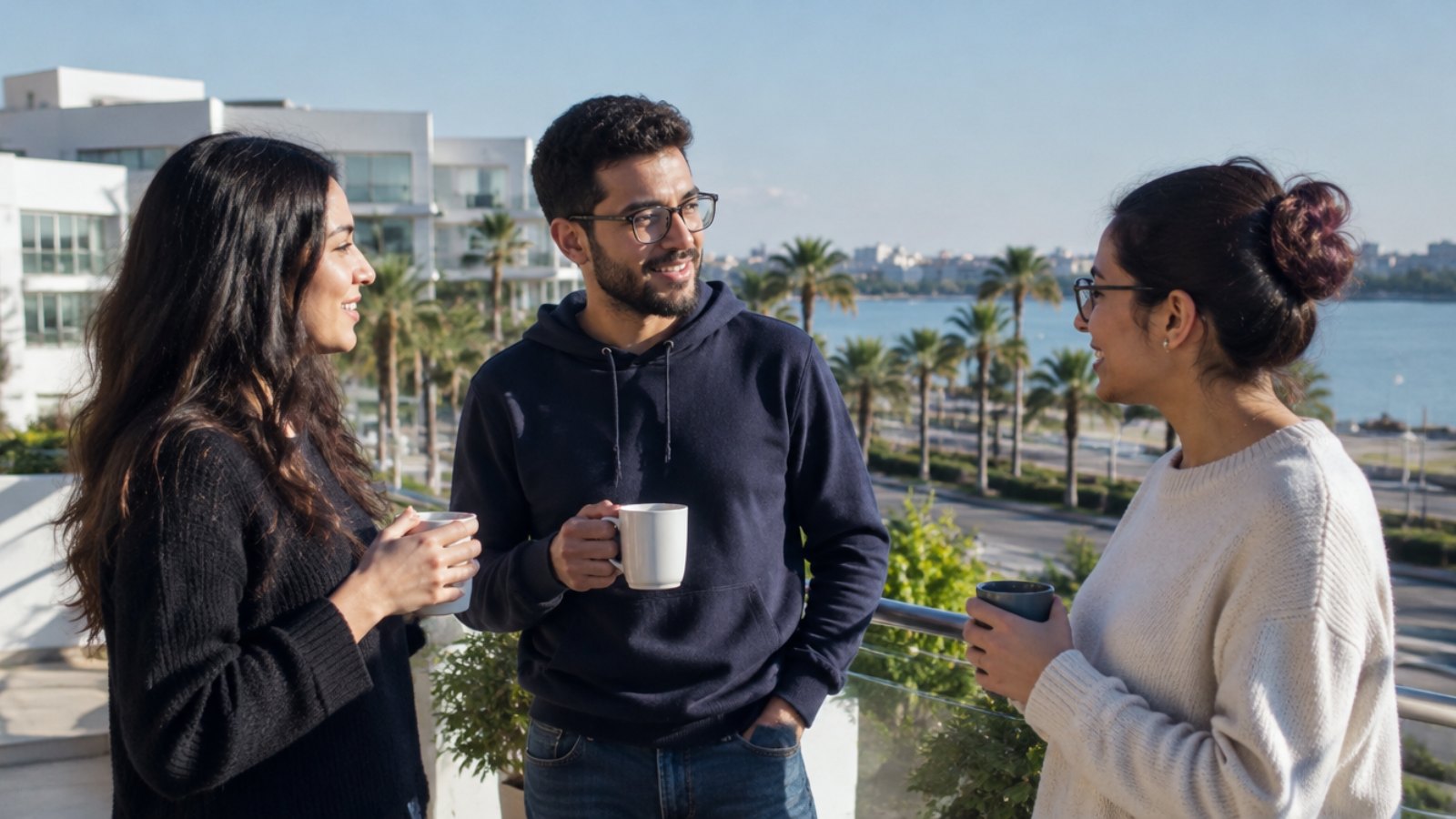 Young Tunisian software engineers talking on an office terrace in Les Berges du Lac, Tunis