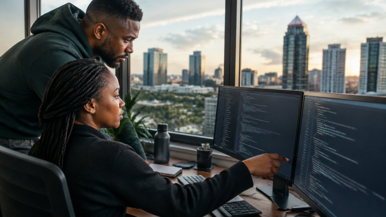South African software engineers reviewing code in a Johannesburg office with the Sandton skyline