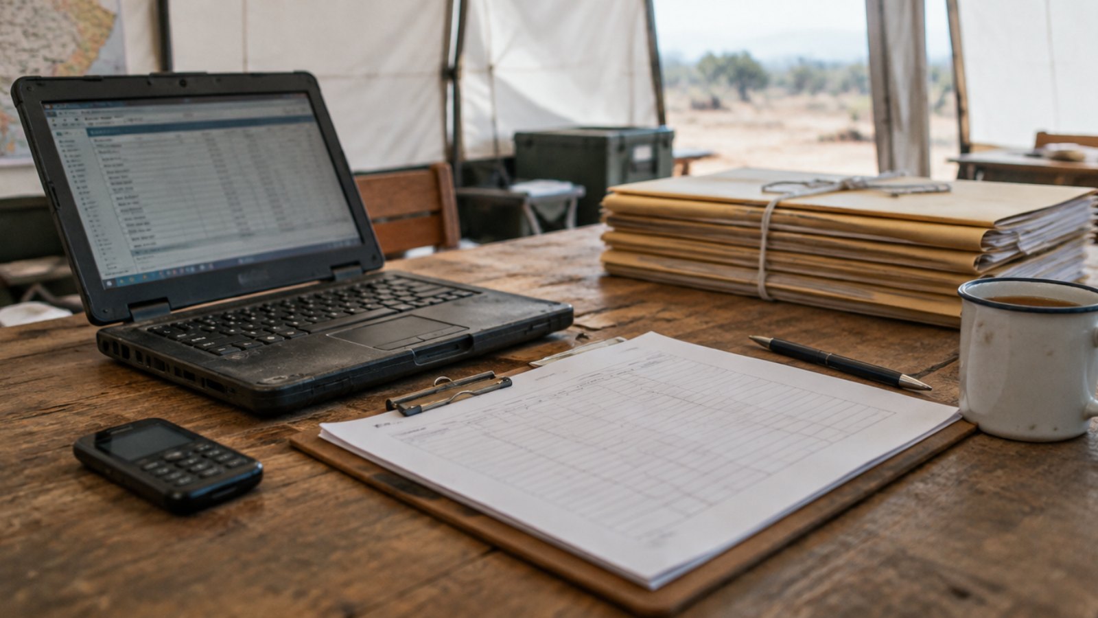 Laptop, clipboard with registration forms and beneficiary case files on a table in an NGO field office in Uganda