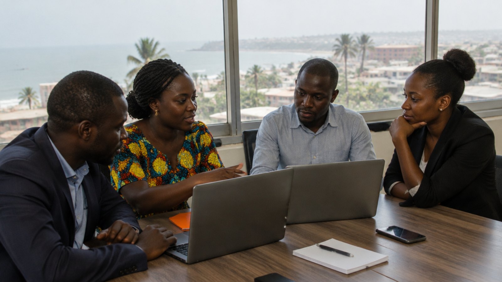 Guinean professionals working in an office in Conakry overlooking the Atlantic