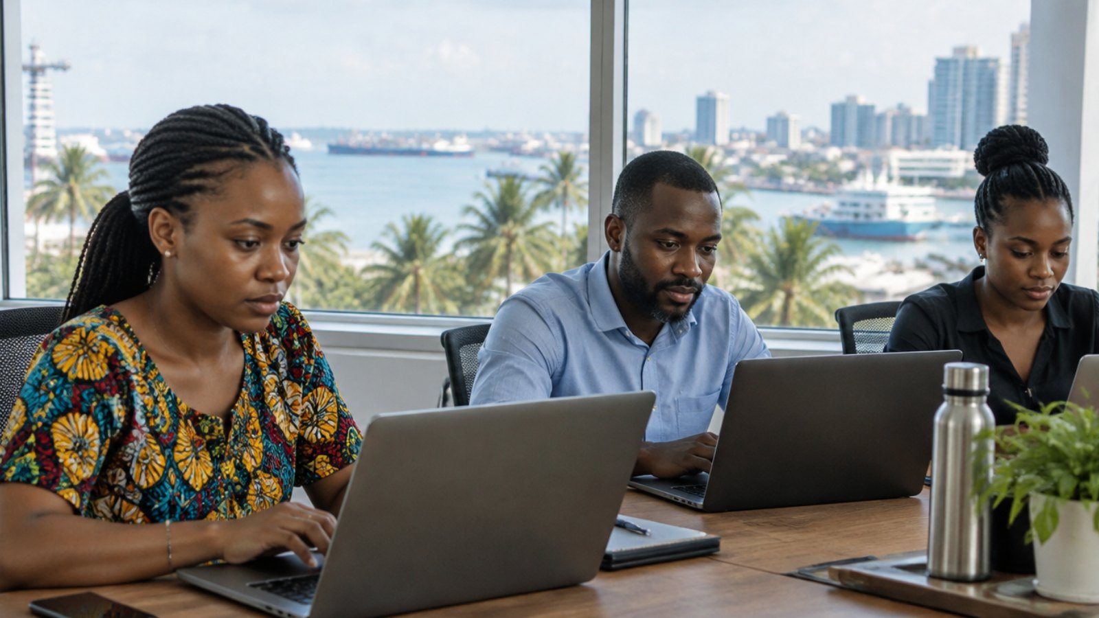 Tanzanian professionals working on laptops in a Dar es Salaam office overlooking the harbour