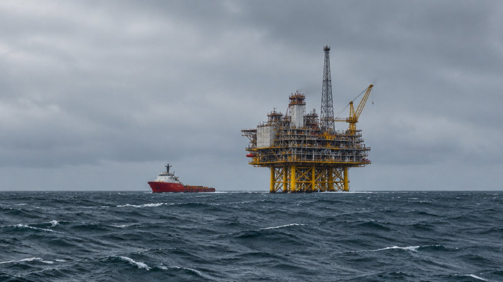 Offshore oil and gas platform in the North Sea under a grey sky
