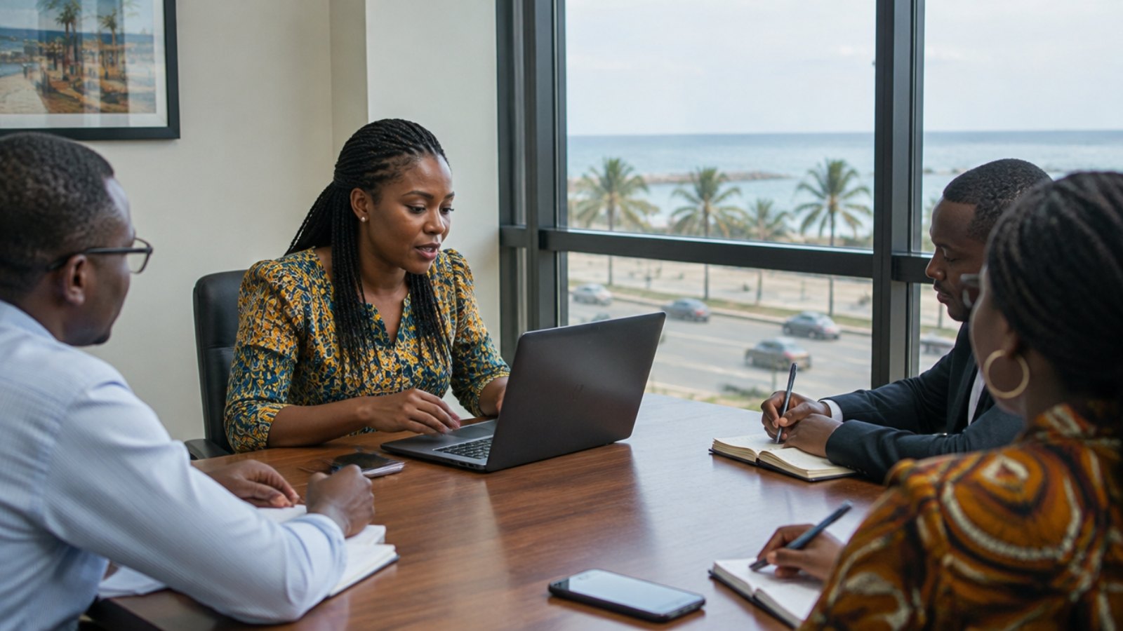 Togolese professionals in a meeting room in Lomé overlooking the seafront